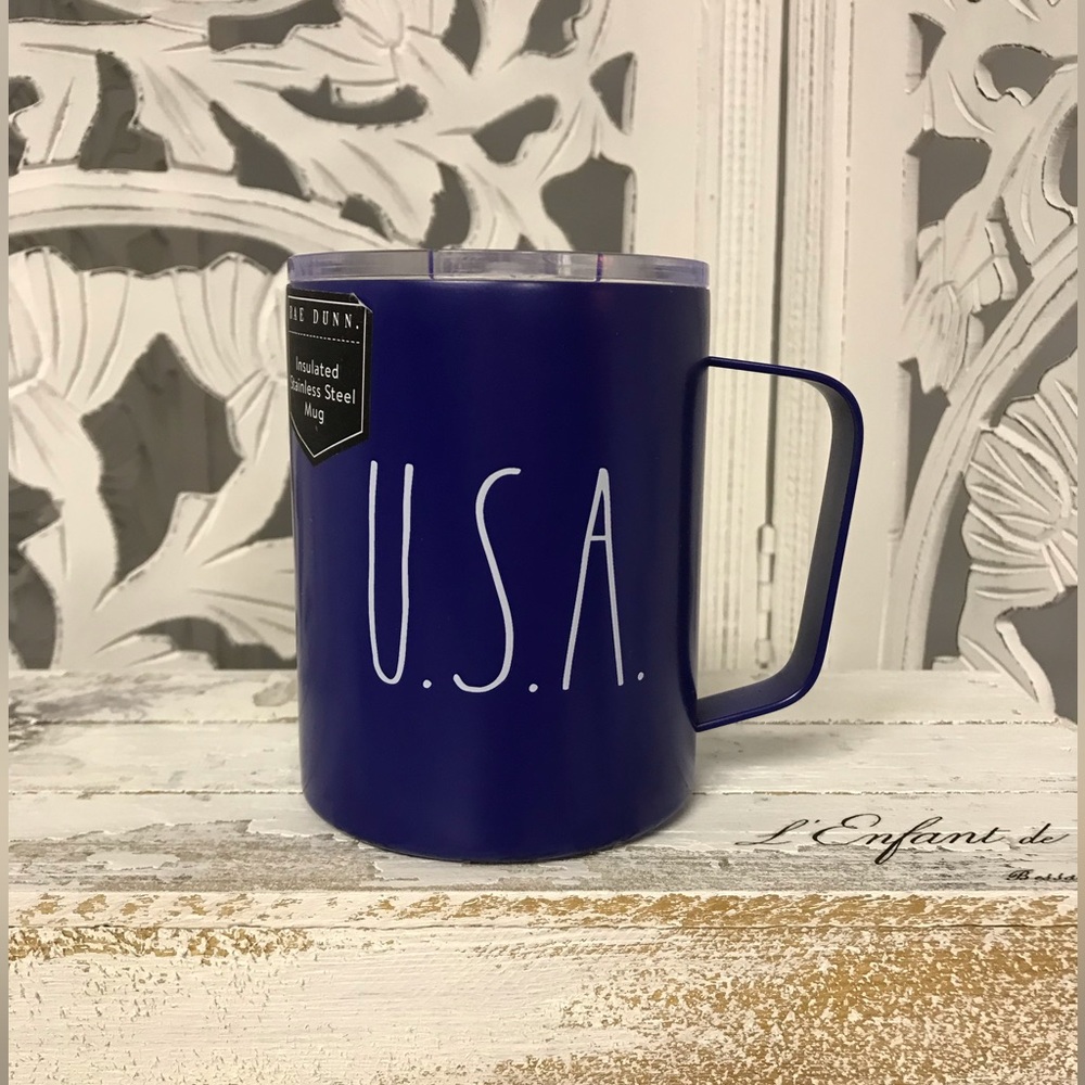 Rae Dunn Stainless Steel Lidded Mug “U.S.A”, Dark Blue, Fourth of July Cup